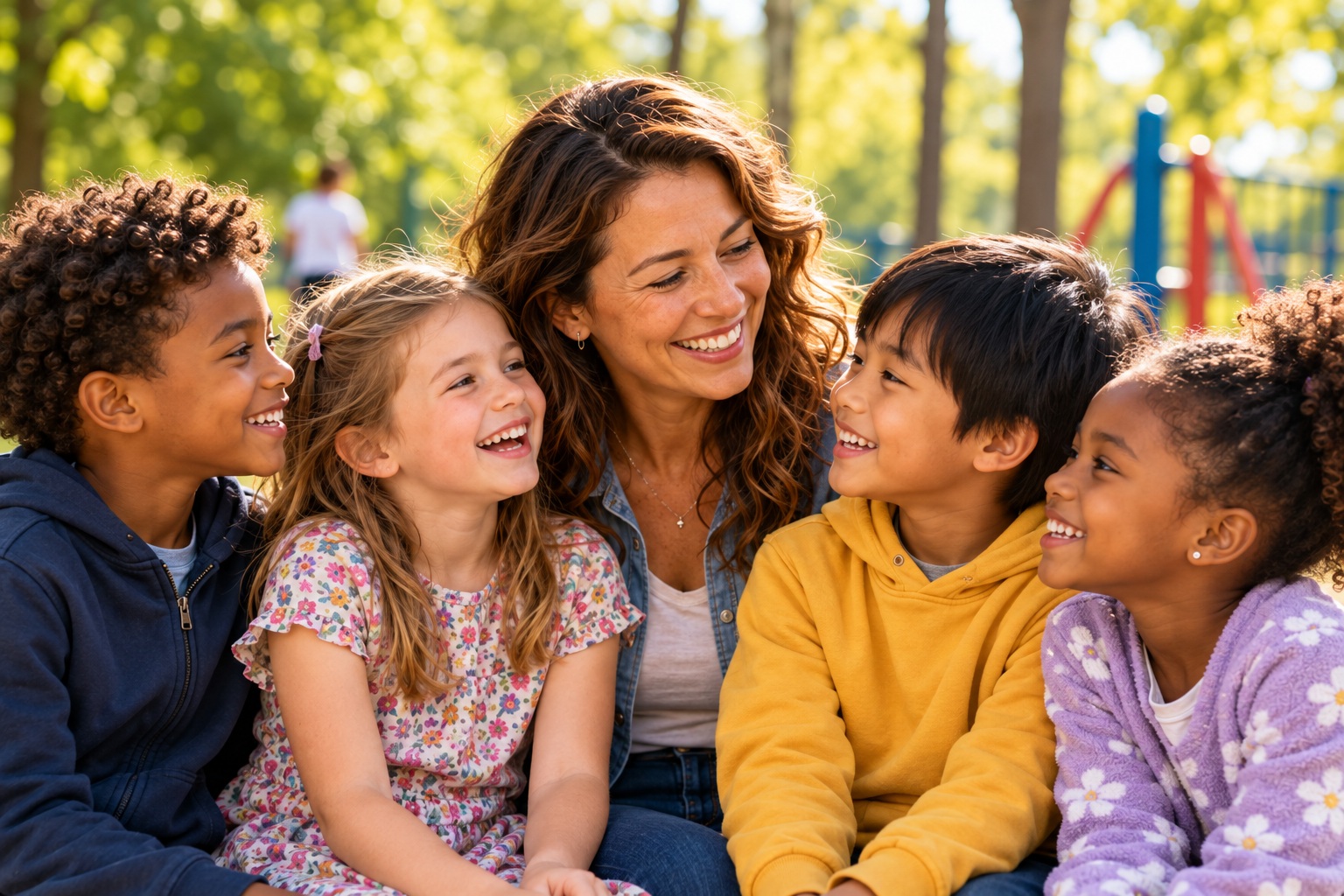 Enfants accompagnés par une adulte dans un parc
